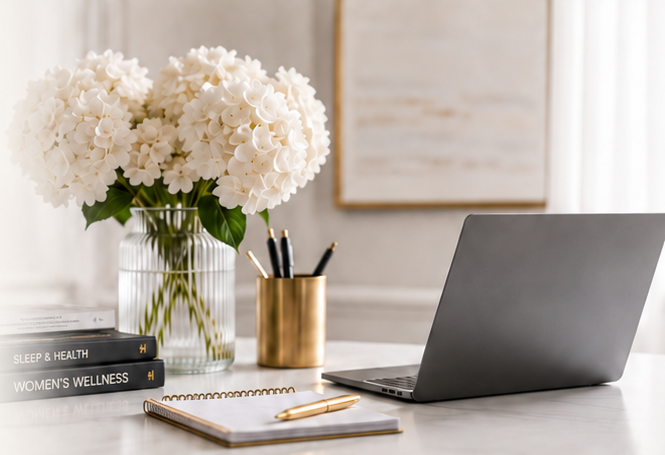 Desk with flowers, notebook and laptop